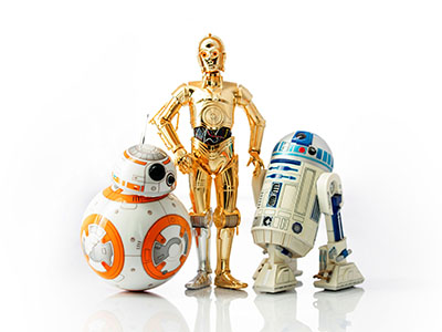 istanbul, Turkey - December 13, 2015: Star Wars droid toys r2d2, c3p0 and bb8 photographed on reflective white background.